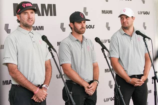 April 5, 2024, Doral, Florida, USA: (L-R) Bubba Watson, Matthew Wolff, and Peter Uihlein of the RangeGoats speak to the media after the first round of LIV Golf Miami at Trump National Doral. Doral USA - ZUMAw109 20240405_fap_w109_033 Copyright: xDebbyxWongx