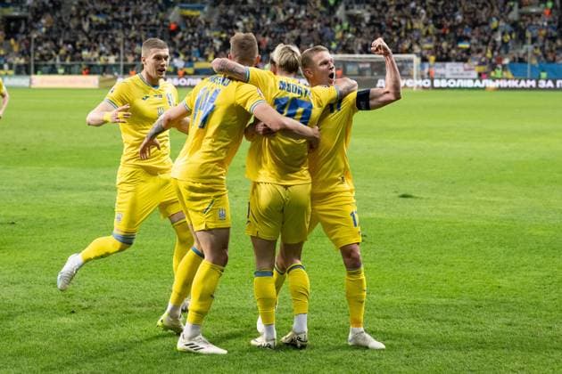 WROCLAW 26.03.2024 FINALOWY MECZ BARAZOWY ELIMINACJE DO MISTRZOSTW EUROPY 2024: UKRAINA - ISLANDIA --- UEFA EURO, EM, Europameisterschaft,Fussball 2024 QUALIFICATION FINAL PLAY-OFF MATCH: UKRIANE - ICELAND Artem Dovbyk , Volodymyr Brazhko , Mykhailo Mudryk , Oleksandr Zinchenko , radosc po zdobyciu bramki , joy after goal FOT. PAWEL LIPNICKI 400mm.pl NEWSPIX.PL --- Newspix.pl  WI9_8654