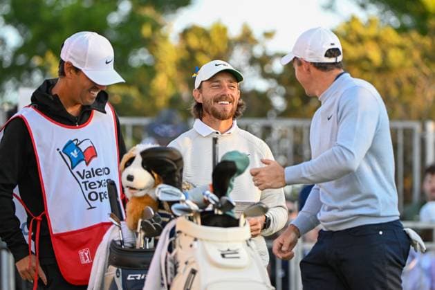 SAN ANTONIO, TX - APRIL 05: Tommy Fleetwood (ENG) and Rory McIlroy (NIR) share a laugh on the tee on 10 before Rd2 of the Valero Texas Open at TPC San Antonio (Oaks Course) on April 5, 2024, in San Antonio, Texas. (Photo by Ken Murray Icon Sportswire) GOLF: APR 05 PGA, Golf Herren Valero Texas Open EDITORIAL USE ONLY Icon2404050012