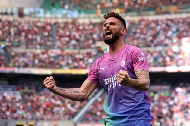 Bilder des Jahres 2024, Sport 04 April Sport Themen der Woche KW14 Sport Bilder des Tages Olivier Giroud (Ac Milan) celebrates after scoring his team s second goal, Serie A, Ac Milan - Us Lecce, Stadio Giuseppe Meazza, April 6, 2024, Milano, Italy.