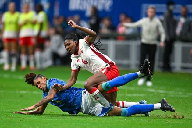 ATLANTA, GA Ã APRIL 05: Canada forward Deanne Rose (6) receives a challenge by Brazil defender Tarciane (3) during the SheBelieves Cup match between Brazil and Canada on April 5th, 2024 at Mercedes-Benz Stadium in Atlanta, GA. (Photo by Rich von Biberstein Icon Sportswire) SOCCER: APR 06 Women s SheBelieves Cup - Brazil vs Canada EDITORIAL USE ONLY Icon240405012