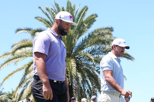 April 6, 2024, Doral, Florida, USA: Jon Rahm of Legion XIII (L) and Brooks Koepka of Smash walk off the 3rd tee during the second round of LIV Golf Miami at Trump National Doral. Doral USA - ZUMAw109 20240406_fap_w109_048 Copyright: xDebbyxWongx