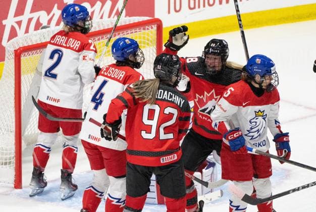 April 7, 2024, Utica, Ny, UNITED STATES: Canada s Danielle Serdachny (92) celebrates her goal against Czechia with teammate Julia Gosling (88) during first period hockey action at the IIHF Women s World Hockey Championship in Utica, N.Y., Sunday, April 7, 2024. Canada News - April 7, 2024  - ZUMAc35_ 20240407_zaf_c35_026 Copyright: xChristinnexMuschix