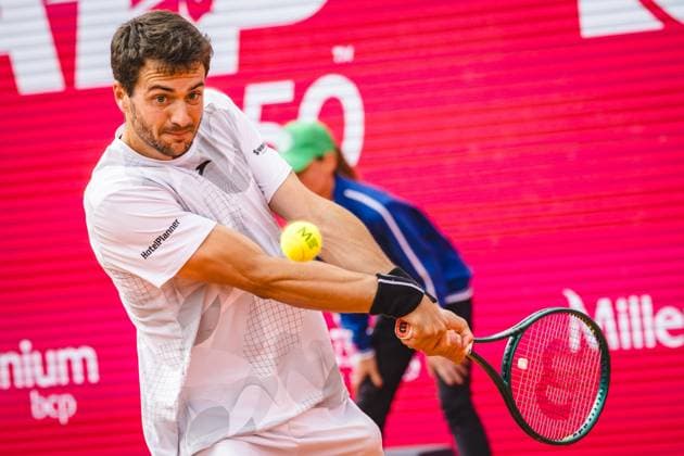 April 7, 2024, Estoril, Portugal: Pedro Martinez from Spain plays against Hubert Hurkacz from Poland (not pictured) during the Millennium Estoril Open ATP, Tennis Herren 250 tennis tournament 2024 at Clube de Tenis do Estoril. (Final Score: Pedro Martinez (3 - 6 : 4 - 6) (0 - 2) Hubert Hurkacz) Estoril Portugal - ZUMAs197 20240407_aaa_s197_228 Copyright: xHenriquexCasinhasx