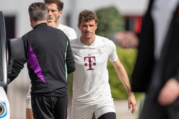 Thomas Mueller 25 (FC Bayern Muenchen), Abschlusstraining vor dem UEFA Champions League-Spiel gegen den FC Arsenal, Saison 2023 2024 an der Saebener Strasse. 08.04.2024 DFB regulations prohibit any use of photographs as image sequences and or quasi-video Muenchen Bayern Deutschland