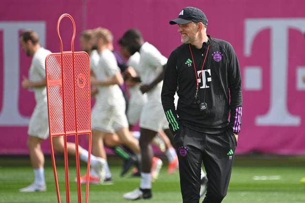 Trainer Thomas TUCHEL (Bayern Muenchen). Abschlusstraining vor dem Fussball Champions League Viertelfinale FC Arsenal - FC Bayern Muenchen am 08.04.2024 auf dem Trainingsgelaende an der Saebener Strasse in Muenchen. Â