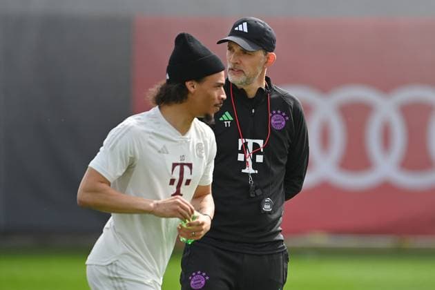 Trainer Thomas TUCHEL (Bayern Muenchen), Leroy SANE (Bayern Muenchen), Abschlusstraining vor dem Fussball Champions League Viertelfinale FC Arsenal - FC Bayern Muenchen am 08.04.2024 auf dem Trainingsgelaende an der Saebener Strasse in Muenchen. Â
