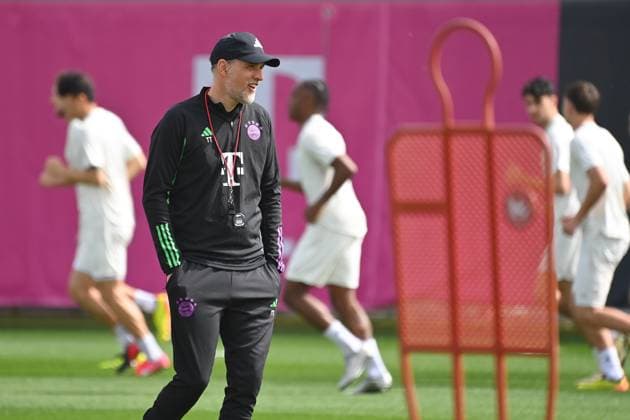 Trainer Thomas TUCHEL (Bayern Muenchen). Abschlusstraining vor dem Fussball Champions League Viertelfinale FC Arsenal - FC Bayern Muenchen am 08.04.2024 auf dem Trainingsgelaende an der Saebener Strasse in Muenchen. Â