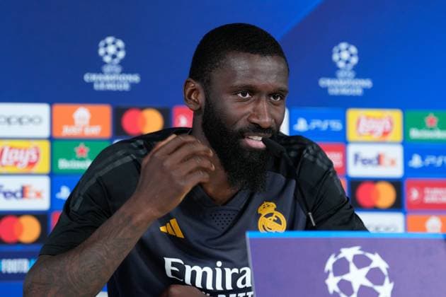 April 8, 2024, Valdebebas, Madrid, SPAIN: Antonio Rudiger attends his press conference, PK, Pressekonferenz after the training session of Real Madrid before the UEFA Champions League, Quarter finals, football match against Manchester City at Ciudad Deportiva Real Madrid on April 8, 2024, in Valdebebas, Madrid, Spain. Valdebebas SPAIN - ZUMAa181 20240408_zaa_a181_029 Copyright: xOscarxJ.xBarrosox