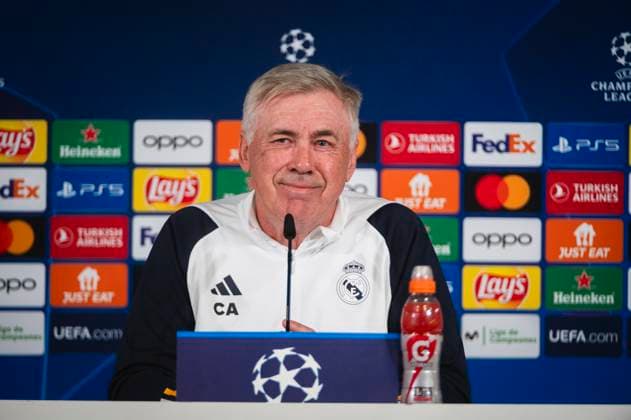 Uefa Champions League 2024: Real Madrid press conference, PK, Pressekonferenz match against Manchester City Carlo Ancelotti, coach of Real Madrid seen speaking during the press conference of Real Madrid the day before the quarter-final first leg football match of Champions League against Manchester City at Ciudad Real Madrid in Valdebebas, Madrid. Valdebebas Ciudad Real Madrid Madrid Spain Copyright: xAlbertoxGardinx AGardin_20240408_RealMadrid_ManCity_PC_34