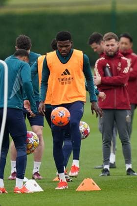 Arsenal Media Activities Thomas Partey of Arsenal during the Arsenal team training session ahead of the UEFA Champions League Quarter-Final 1st leg football match against Bayern Munich at Arsenal FC Training Centre, London Colney, England, United Kingdom on 8 April 2024 Editorial use only. All images are copyright Every Second Media Limited. No images may be reproduced without prior permission. Copyright: xIMAGO EveryxSecondxMediax ESM-0979-0036