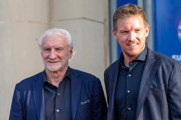 Fussball: EM-Workshop, Europameisterschaft, Treffen der Nationaltrainer am 08.04.2024 im Staendehaus in Duesseldorf. Rudi Voeler (DFB, Sportdirektor) und Julian Nagelsmann (Deutschland, Nationaltrainer). Foto: Kirchner-Media TH Copyright: xKirchner-Media THx