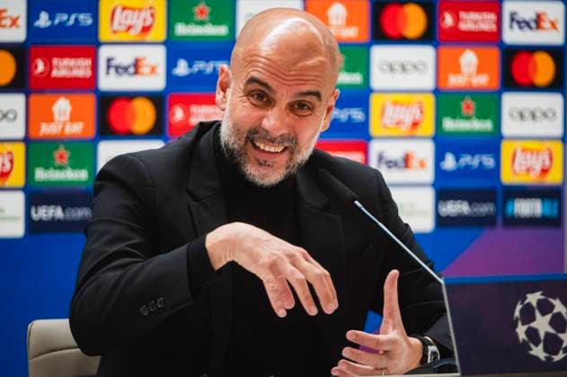 Sport Bilder des Tages Uefa Champions League 2024: Manchester City press conference, PK, Pressekonferenz match against Real Madrid Pep Guardiola, coach of Manchester City, seen speaking during the press conference a day before the quarter-final first leg football match of Champions League against Real Madrid at Santiago Bernabeu stadium in Madrid. Madrid Estadio Santiago Bernabeu Madrid Spain Copyright: xAlbertoxGardinx AGardin_20240408_ManCity_PC_10