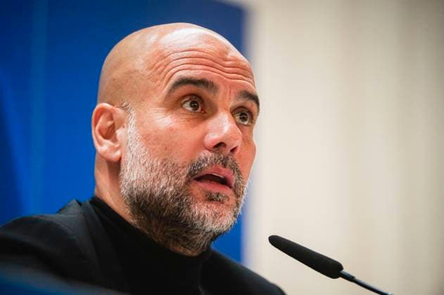 Uefa Champions League 2024: Manchester City press conference, PK, Pressekonferenz match against Real Madrid Pep Guardiola, coach of Manchester City, seen speaking during the press conference a day before the quarter-final first leg football match of Champions League against Real Madrid at Santiago Bernabeu stadium in Madrid. Madrid Estadio Santiago Bernabeu Madrid Spain Copyright: xAlbertoxGardinx AGardin_20240408_ManCity_PC_15