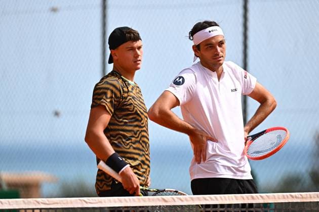 Sport Bilder des Tages Monaco Rolex Masters Taylor Fritz (USA) and Holger Rune (DEN)) during their double match at the Monaco Rolex Masters in Monte Carlo, on April, 8, 2024. Photo by Corinne Dubreuil ABACAPRESS.COM Monaco Monaco  Copyright: xDubreuilxCorinne ABACAx