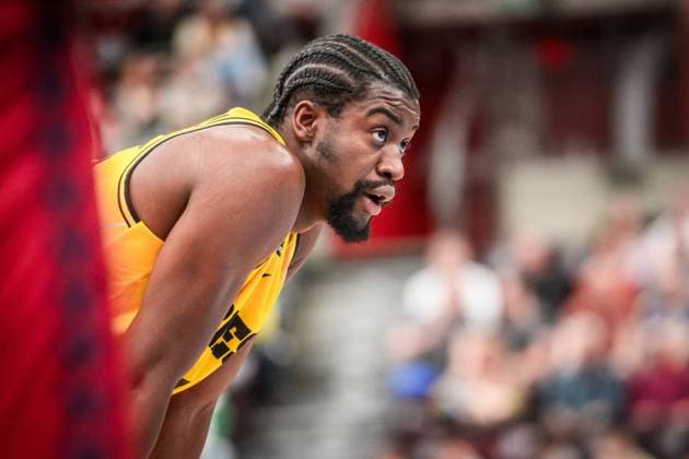 Ariel Hukporti (MHP Riesen Ludwigsburg, 15) - volle Konzentration GER, BCL MHP Riesen Ludwigsburg - UCAM Murcia CB, 09.04.2024, Ludwigsburg (MHPArena), DEU GER, BCL MHP Riesen Ludwigsburg - UCAM Murcia CB, 09.04.2024, Ludwigsburg (MHPArena), DEU Ludwigsburg Copyright: xSandyxDinkelackerx EP_SDR