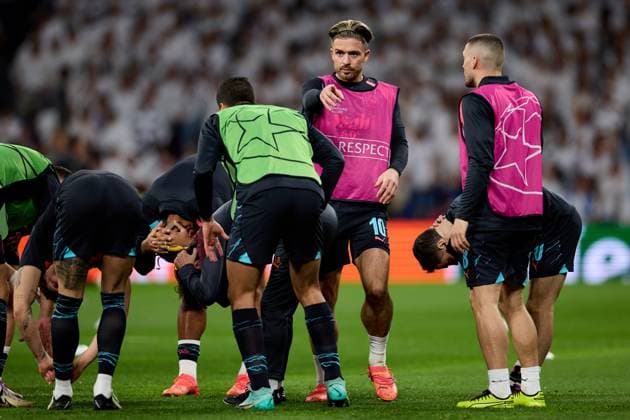 Jack Grealish of Manchester City warming up during the UEFA Champions League 2023 24 quarter-finals match between Real Madrid CF and Manchester City at Estadio Santiago Bernabeu on April 09, 2024 in Madrid, Spain. FOOTBALL : Real Madrid vs Manchester City - UEFA Ligue des Champions - 1 4 Quart - 09 04 2024 LGM Panoramic 