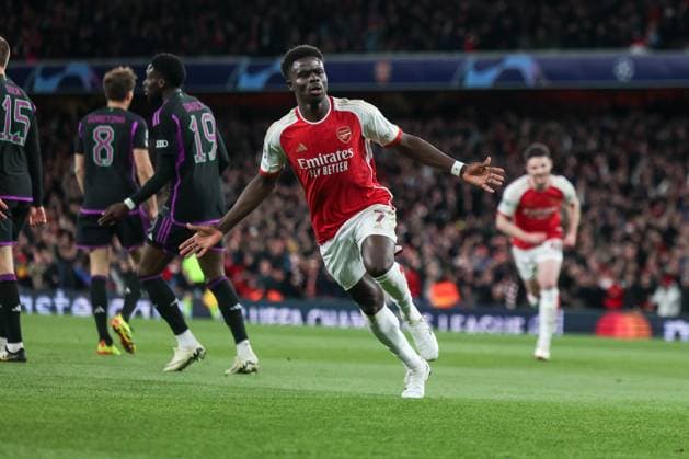 09.04.2024, Fussball, Saison 2023 2024, UEFA Champions League, Viertelfinale, Runde 1, Hinspiel, FC Arsenal London - FC Bayern München, Bukayo Saka (Arsenal London) bejubelt das Tor zum 1:0, London Emirates Stadium Greater London England xRHR-FOTO DEx Copyright: DennisxEwert RHR-FOTOx RHR-FOTO DE