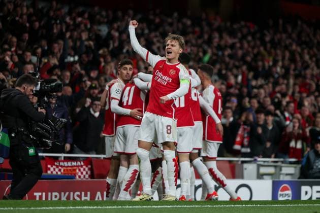 09.04.2024, Fussball, Saison 2023 2024, UEFA Champions League, Viertelfinale, Runde 1, Hinspiel, FC Arsenal London - FC Bayern München, Martin Ödegaard (Arsenal London) bejubelt das Tor zum 1:0, London Emirates Stadium Greater London England xRHR-FOTO DEx Copyright: DennisxEwert RHR-FOTOx RHR-FOTO DE