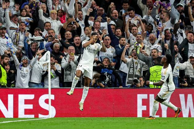 Real Madrid v Manchester City Champions League 09 04 2024. Goal 2-1 Rodrygo (11) of Real Madrid scores a goal and celebrates during the Champions League match between Real Madrid and Manchester City at the Santiago Bernabeu Stadium, Madrid, Spain on 9 April 2024. Editorial use only , Copyright: xNigelxKeenex PSI-19414-0015