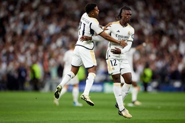 Eduardo Camavinga of Real Madrid CF celebrates his goal during the UEFA Champions League 2023 24 quarter-finals match between Real Madrid CF and Manchester City at Estadio Santiago Bernabeu on April 09, 2024 in Madrid, Spain. FOOTBALL : Real Madrid vs Manchester City - UEFA Ligue des Champions - 1 4 Quart - 09 04 2024 LGM Panoramic 