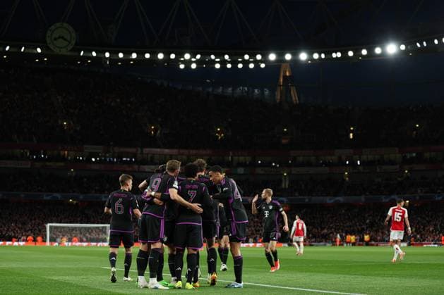 London, England, 9th April 2024. Serge Gnabry of Bayern Munich celebrates scoring their side s first goal of the game with team-mates during the UEFA Champions League match at the Emirates Stadium, London. Picture credit should read: Kieran Cleeves Sportimage EDITORIAL USE ONLY. No use with unauthorised audio, video, data, fixture lists, club league logos or live services. Online in-match use limited to 120 images, no video emulation. No use in betting, games or single club league player publications. SPI-3065-0005