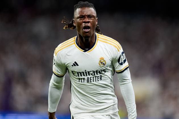 Eduardo Camavinga of Real Madrid CF celebrates his goal during the UEFA Champions League 2023 24 quarter-finals match between Real Madrid CF and Manchester City at Estadio Santiago Bernabeu on April 09, 2024 in Madrid, Spain. FOOTBALL : Real Madrid vs Manchester City - UEFA Ligue des Champions - 1 4 Quart - 09 04 2024 LGM Panoramic 