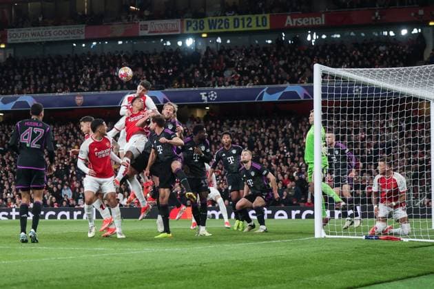 09.04.2024, Fussball, Saison 2023 2024, UEFA Champions League, Viertelfinale, Runde 1, Hinspiel, FC Arsenal London - FC Bayern München, v. l. Kai Havertz (Arsenal London), Gabriel Magalhaes (Arsenal London), Harry Kane (FC Bayern München) im Duell, London Emirates Stadium Greater London England xRHR-FOTO DEx Copyright: DennisxEwert RHR-FOTOx RHR-FOTO DE