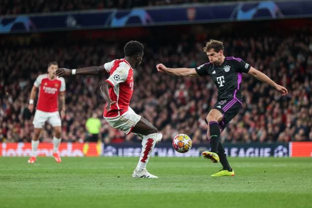 09.04.2024, Fussball, Saison 2023 2024, UEFA Champions League, Viertelfinale, Runde 1, Hinspiel, FC Arsenal London - FC Bayern München, v. l. Bukayo Saka (Arsenal London) wird von Leon Goretzka (FC Bayern München) geblockt, London Emirates Stadium Greater London England xRHR-FOTO DEx Copyright: DennisxEwert RHR-FOTOx RHR-FOTO DE
