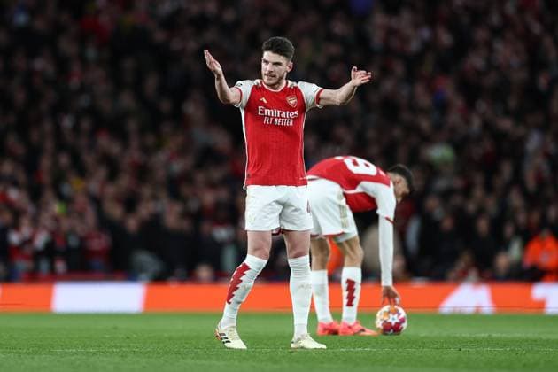 Arsenal v Bayern Munich 09 April 2024, London - UEFA Champions League - Quarter Final - First leg - Arsenal v Bayern Munich - Declan Rice of Arsenal - Photo: Jacques Feeney Offside. London UK Copyright: xJacquesxFeeneyx xOffsidexOffside