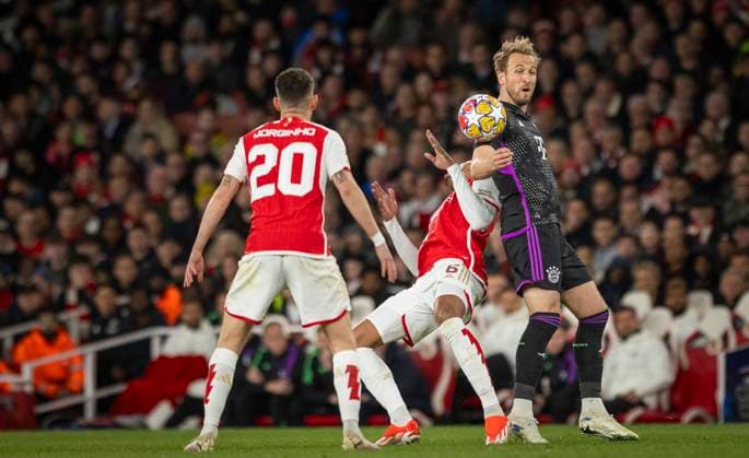 London, England. 09th Apr 2024. Gabriel Magalhaes (Arsenal) Harry Kane (Muenchen) Arsenal London - Bayern Munich Arsenal London - Bayern München 09.04.2024