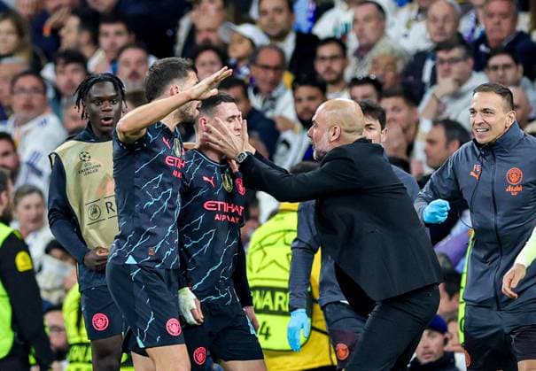 Sport Themen der Woche KW15 Sport Bilder des Tages Real Madrid v Manchester City Champions League 09 04 2024. Goal 2-2 Phil Foden (47) of Manchester City scores a goal and celebrates during the Champions League match between Real Madrid and Manchester City at the Santiago Bernabeu Stadium, Madrid, Spain on 9 April 2024. Editorial use only , Copyright: xNigelxKeenex PSI-19414-0034