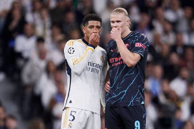 Sport Themen der Woche KW15 Sport Bilder des Tages Erling Haaland of Manchester City FC and Jude Bellingham of Real Madrid CF Real Madrid v Manchester City, UEFA Champions League, Quarter Final, First Leg, Football, Santiago Bernabeu Stadium, Madrid, Spain - 09 Apr 2024 EDITORIAL USE ONLY No use with unauthorised audio, video, data, fixture lists, club league logos or live services. Online in-match use limited to 120 images, no video emulation. No use in betting, games or single club league player publications.  Copyright: xRubenxAlbarran Shutterstockx 14425023eq