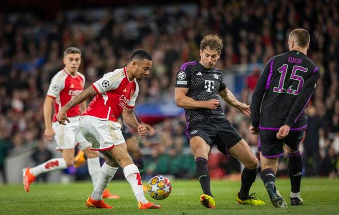 London, England. 09th Apr 2024. Assist von Gabriel Jesus (Arsenal) zu Leandro Trossard (Arsenal) gegen Leon Goretzka (Muenchen) Eric Dier (Muenchen) Arsenal London - Bayern Munich Arsenal London - Bayern München 09.04.2024