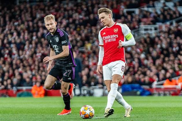 Martin Oedegaard (FC Arsenal London, 8) Konrad Laimer (FC Bayern Muenchen, 27) FC Arsenal vs. FC Bayern Muenchen , Fussball, UEFA Champions League, Viertelfinale, 09.04.2024 FC Arsenal vs. FC Bayern Muenchen , Fussball, UEFA Champions League, Viertelfinale, 09.04.2024 London Copyright: xEibner-Pressefoto BahhoxKarax EP_FCB