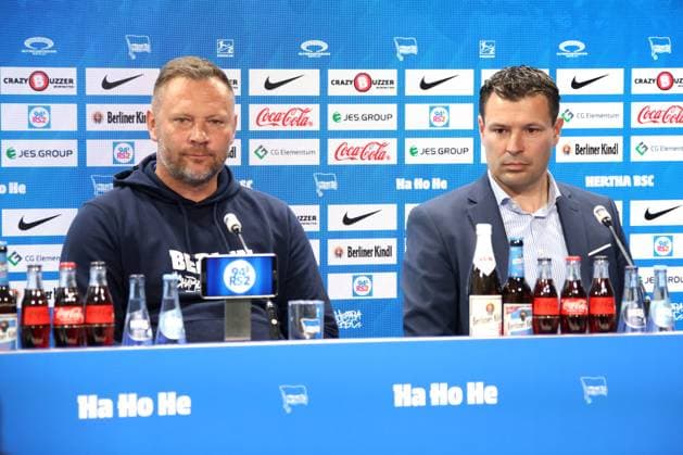 DEU, DFL, 2. FBL Hertha BSC, PK, 10.04.2024, Hertha BSC Geschaeftsstelle, Berlin, DEU, DFL, 2. FBL Hertha BSC, PK, im Bild Cheftrainer Pal Dardai (Hertha BSC Berlin), Benjamin Weber (Sportdirektor, Hertha BSC Berlin) DFL - regulations prohibit any use of Photographs as image sequences and or quasi-video Foto: Juergen Engler nordphoto GmbH