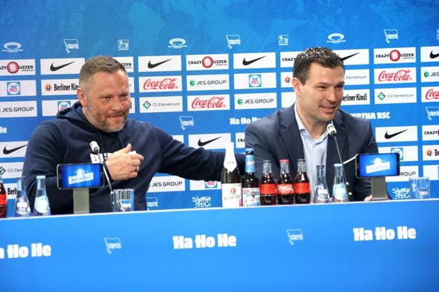 DEU, DFL, 2. FBL Hertha BSC, PK, 10.04.2024, Hertha BSC Geschaeftsstelle, Berlin, DEU, DFL, 2. FBL Hertha BSC, PK, im Bild Cheftrainer Pal Dardai (Hertha BSC Berlin), Benjamin Weber (Sportdirektor, Hertha BSC Berlin) DFL - regulations prohibit any use of Photographs as image sequences and or quasi-video Foto: Juergen Engler nordphoto GmbH