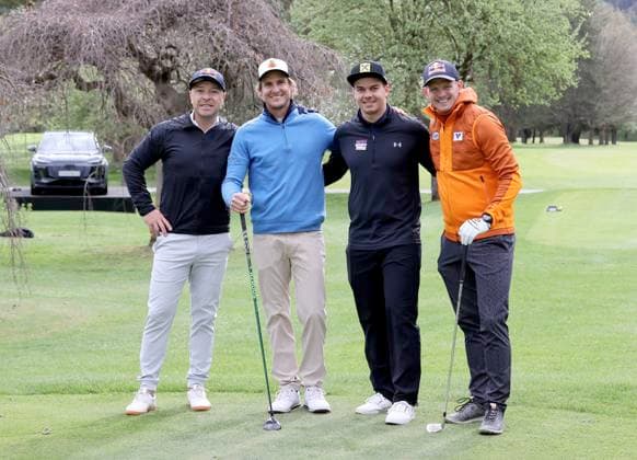 GOLF - Audi Circuit FROHNLEITEN,AUSTRIA,10.APR.24 - GOLF - Audi Circuit, GC Murhof. Image shows Senad Grosic, Florian Praegant, Jakob Dusek and Thomas Morgenstern (AUT).  GEPAxpictures xHansxOberlaender