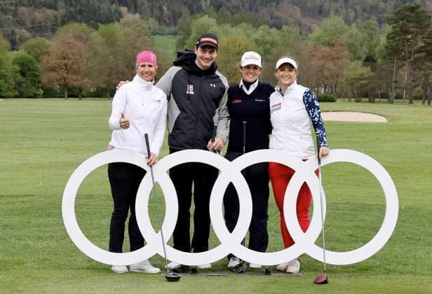 GOLF - Audi Circuit FROHNLEITEN,AUSTRIA,10.APR.24 - GOLF - Audi Circuit, GC Murhof. Image shows Brigitte Kliment-Obermoser, Alessandro Haemmerle, Christine Wolf and Michaela Kirchgasser (AUT).  GEPAxpictures xHansxOberlaender