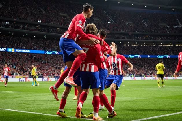 Rodrigo De Paul of Atletico de Madrid celebrating the opening goal with his teammates during the UEFA Champions League 2023 24 quarter-finals match between Atletico de Madrid and Borussia Dortmund at Stadium Civitas Metropolitano on April 10, 2024 in Madrid, Spain. FOOTBALL : Atletico Madrid vs Borussia Dormund - UEFA Ligue des Champions - 1 4 Quart - 10 04 2024 LGM Panoramic 