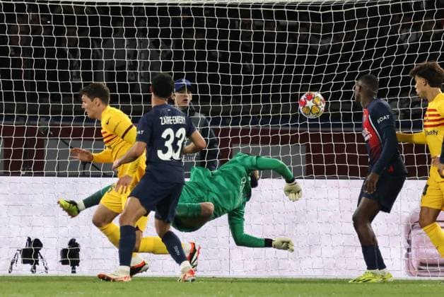 Psg - Barcelone PHOTOPQR LE PARISIEN Fred Dugit ; Paris ; 10 04 2024 ; Parc des princes (Paris XVIe), le 10 avril 2024 1 4 de finale aller de ligue des champions Psg - Barcelone but Andreas Christensen Photo LP Fred Dugit