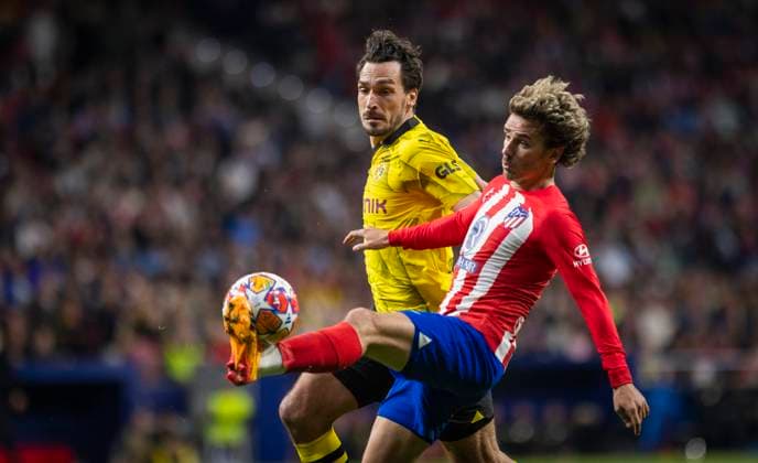 Madrid Spain. 10th Apr 2024. Antoine Griezmann (AM) Mats Hummels (BVB) Atletico Madrid - Borussia Dortmund 10.04.2024