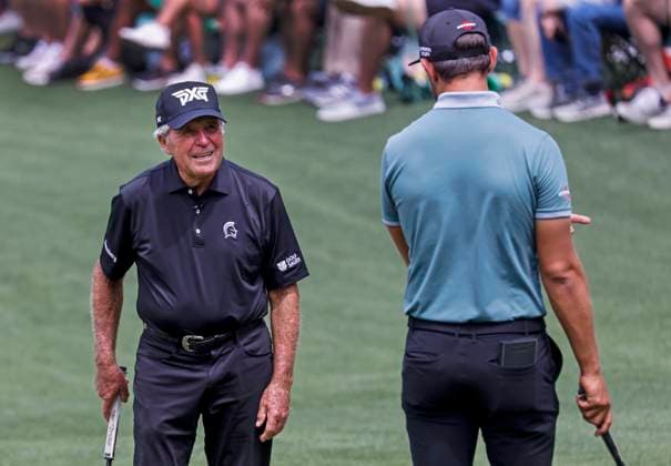 Gary Player of South Africa (L) talks with Erik Van Rooyen of South Africa (R) on the fifth green during the Par 3 contest at the Masters Tournament at Augusta National Golf Club in Augusta, Georgia on Wednesday, April 10, 2024.  AUG20240410543 TANNENxMAURY