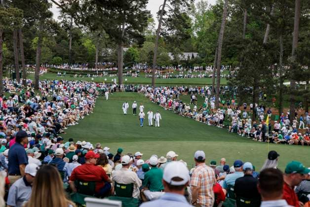 Golfers walk up the seventh fairway during the Par 3 contest at the Masters Tournament at Augusta National Golf Club in Augusta, Georgia on Wednesday, April 10, 2024.  AUG20240410550 TANNENxMAURY