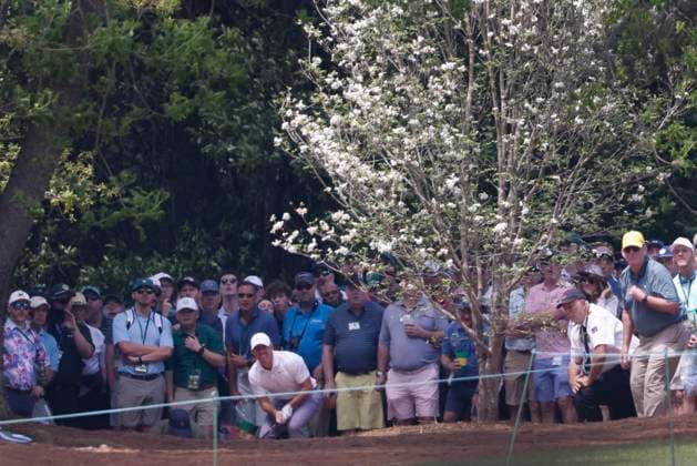 Northern Ireland s Rory McIlroy hits out of the rough on the second hole during the first round of the Masters Tournament at Augusta National Golf Club in Augusta, Georgia on Thursday, April 11, 2024.  AUG20240411565 TANNENxMAURY