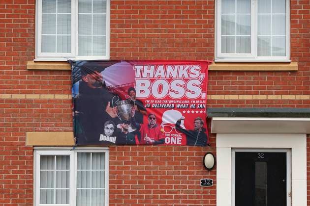 A house adorns a flag of Liverpool manager Jürgen Klopp , UEFA Europa League 2023 2024 - Quarter-Final first leg, Liverpool FC vs Atalanta Bergamasca Calcio, , April 11, 2024, , .