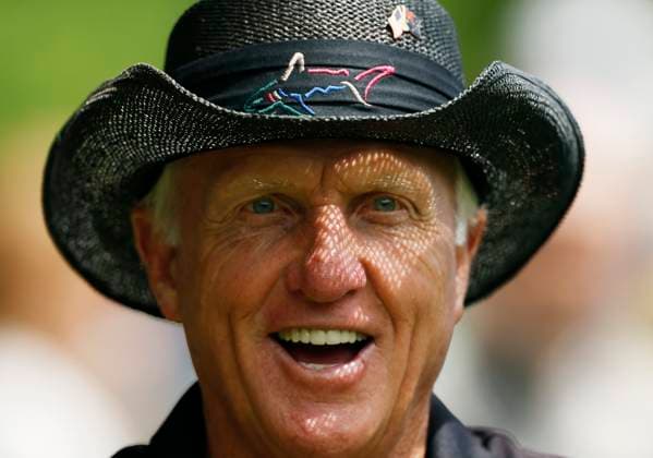 Golfing legend Greg Norman from Australia walks to the fourth hole during the first round of the Masters Tournament at Augusta National Golf Club in Augusta, Georgia on Thursday, April 11, 2024.  AUG20240411132 JOHNxANGELILLO
