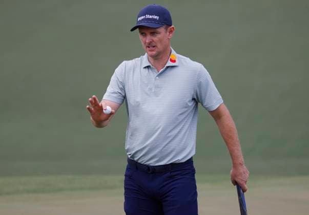 England s Justin Rose prepares to putt on the second hole during the first round of the Masters Tournament at Augusta National Golf Club in Augusta, Georgia on Thursday, April 11, 2024.  AUG20240411576 TANNENxMAURY