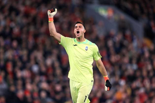 Football - UEFA Europa League - Quarter Final (1st Leg) - Liverpool v Atalanta 11th April 2024 - UEFA Europa League - Quarter Final (1st Leg) - Liverpool v Atalanta - Atalanta goalkeeper Juan Musso celebrates their opening goal - Photo: Simon Stacpoole Offside. Liverpool UK Copyright: xSimonxStacpoolexOffside