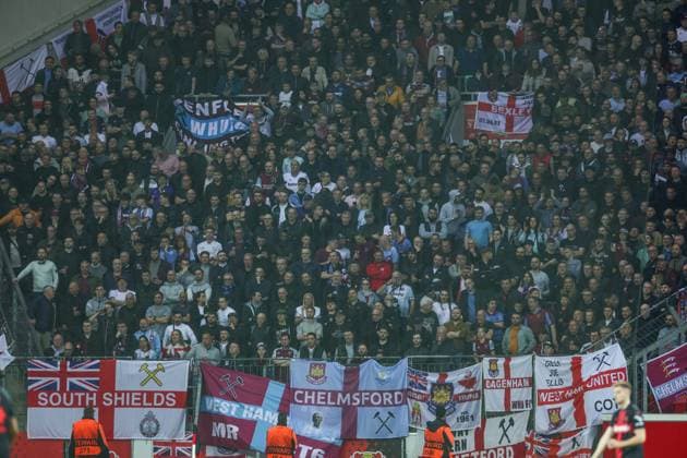 11.04.2024, Fussball, Europa League, Saison 2023 2024, Bayer Leverkusen - West Ham United, Fans von West Ham United. Leverkusen BayArena NRW Deutschland xRHR-FOTO TRx Copyright: RHR-FOTOx RHR-FOTO TR